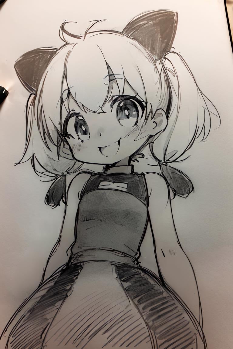 <lora:Pencil_Sketch_Dim64_SD-05:1>,(Pencil_Sketch:1.2, messy lines, greyscale, traditional media, sketch),1girl, solo, smile, dress, twintails, sleeveless, chibi, short twintails, powerpuff girls