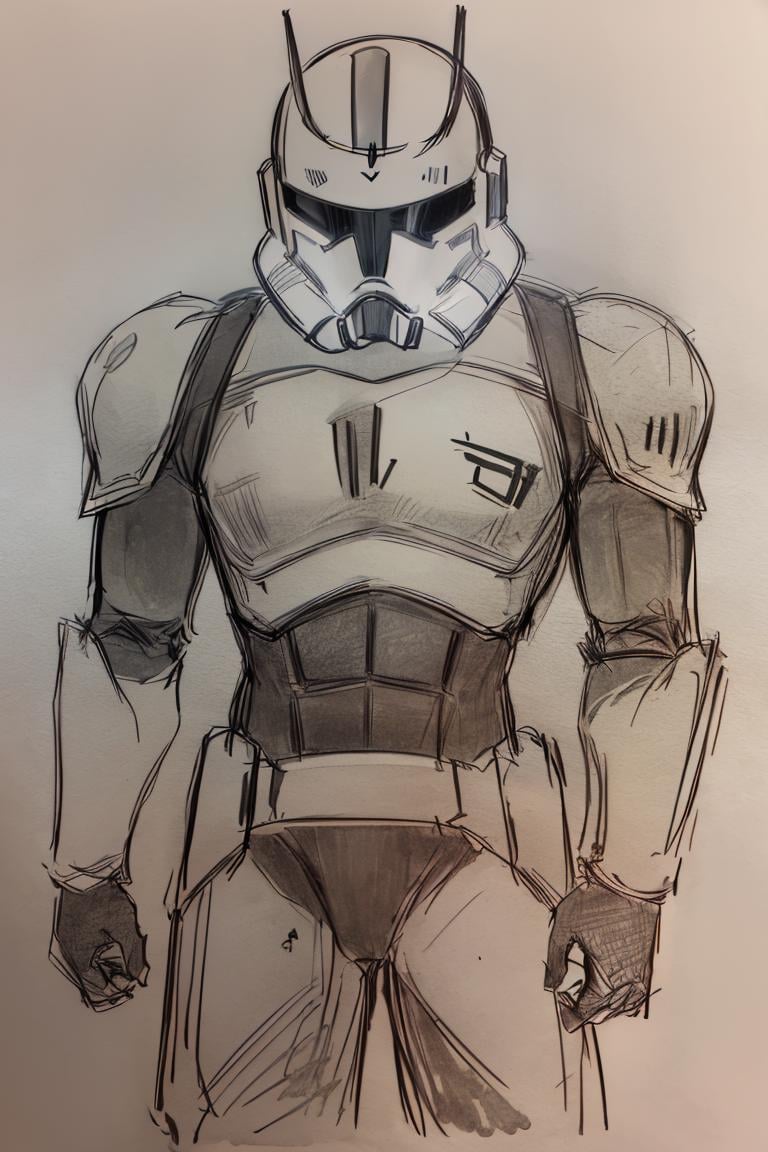 <lora:Pencil_Sketch_Dim64_SD-05:1>, (Pencil_Sketch, messy lines, greyscale, traditional media, sketch), Pencil_Sketch, solo, 1boy, male focus, armor, helmet, power armor, star wars