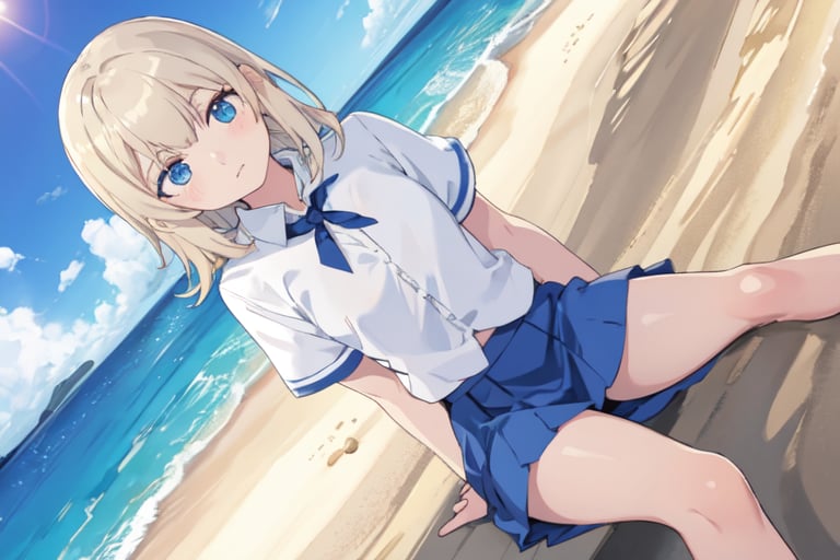 1girl, solo, white shirt, blue skirt, dutch angle, beach, sitting