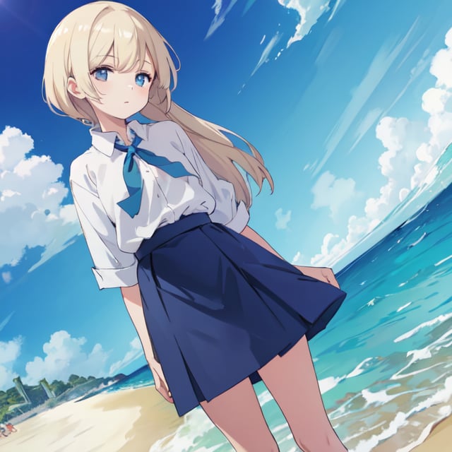 1girl, solo, white shirt, blue skirt, dutch angle, sky, day, beach