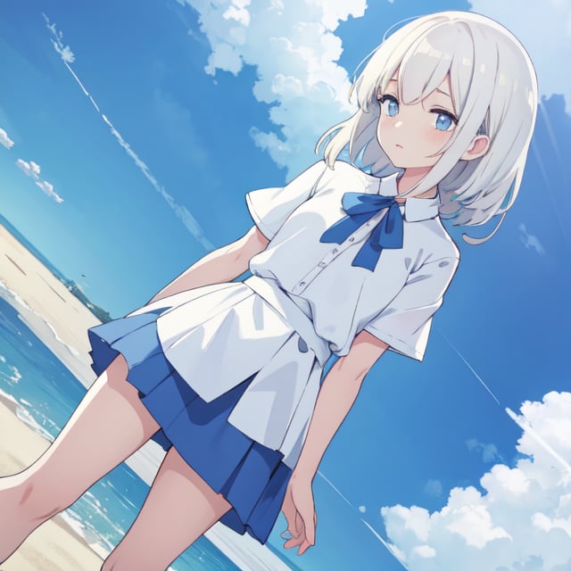 1girl, solo, white shirt, blue skirt, dutch angle, sky, day