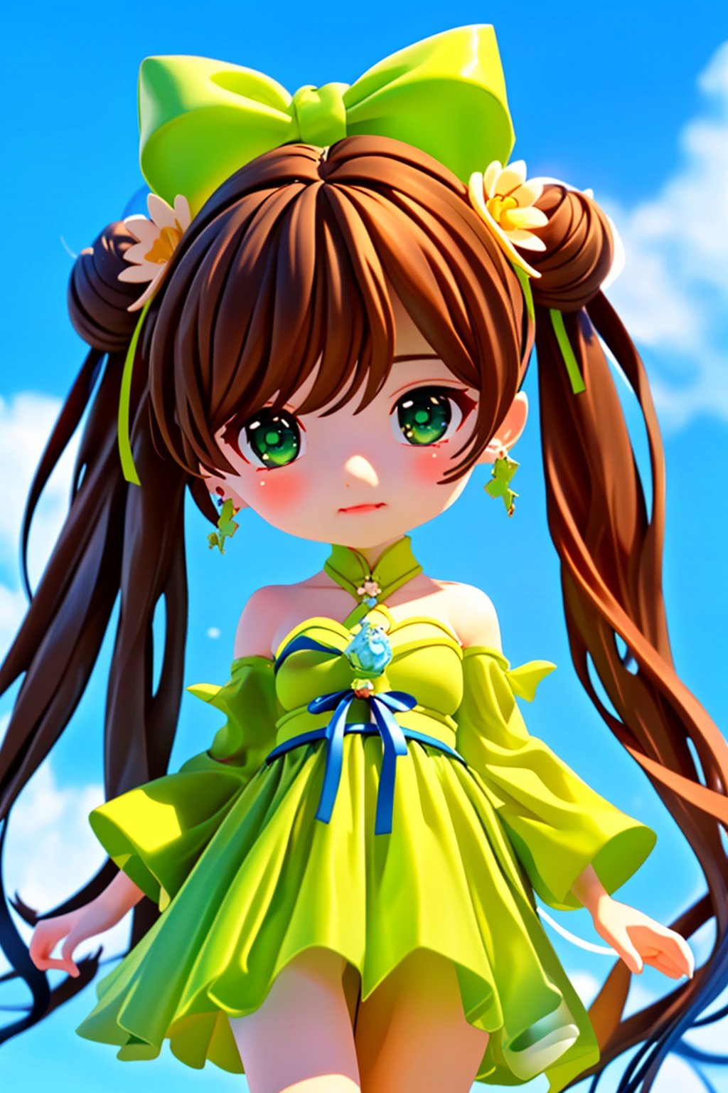  , 1girl, green dress, twintails, dress, flower, solo, upper body, hair ornament, earrings, jewelry, long hair, hair bun, black hair, sky, bare shoulders, ribbon, brown hair, closed mouth, blue sky,chibi