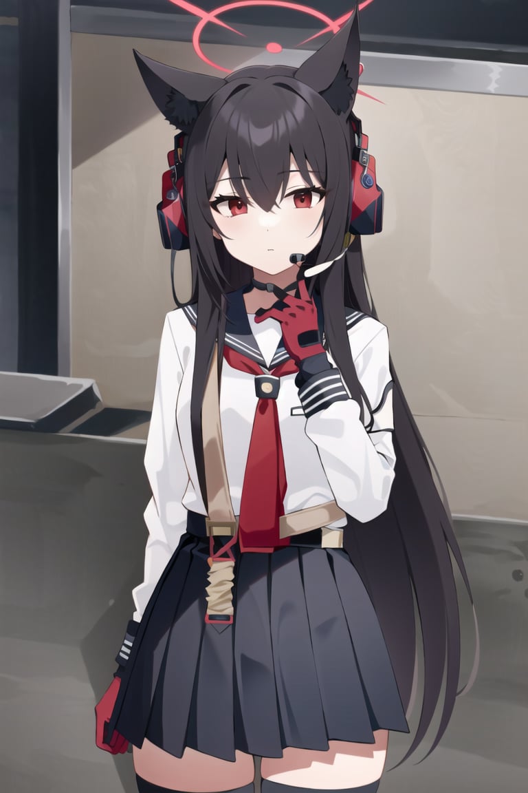 <lora:Shichido Yukino:0.8>, shichido yukino, 1girl, solo, long hair, black hair, red eyes, long sleeves, animal ears, hair between eyes, pleated skirt, necktie, serafuku, black thighhighs, headphones, halo, two-tone gloves