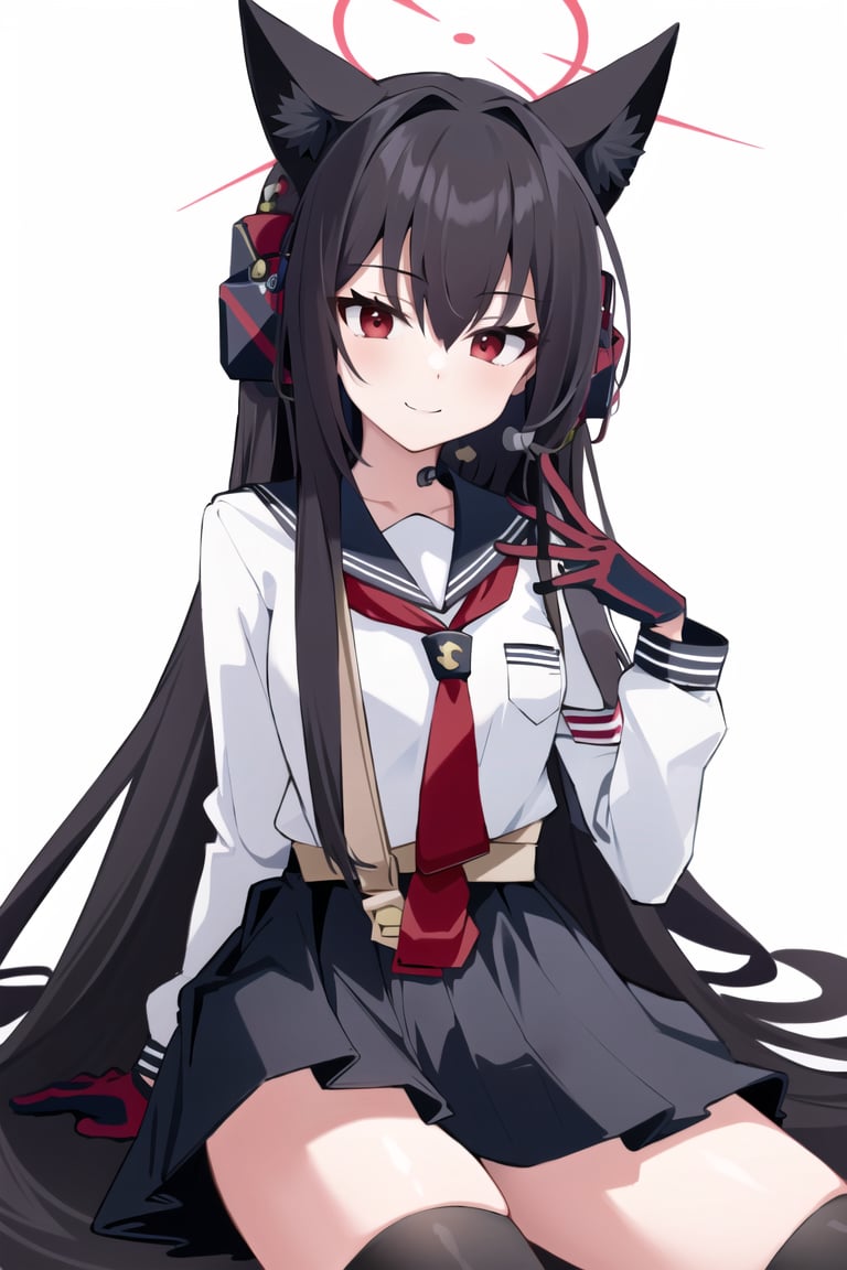 <lora:Shichido Yukino:0.8>, shichido yukino, 1girl, solo, long hair, looking at viewer, black hair, red eyes, long sleeves, white background, animal ears, hair between eyes, pleated skirt, necktie, serafuku, black thighhighs, headphones, halo, two-tone gloves, smile, sitting 