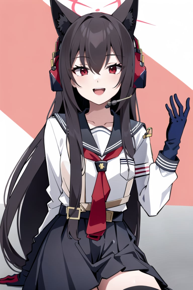 <lora:Shichido Yukino:0.8>, shichido yukino, 1girl, solo, long hair, looking at viewer, black hair, red eyes, long sleeves, white background, animal ears, hair between eyes, pleated skirt, necktie, serafuku, black thighhighs, headphones, halo, two-tone gloves, smile, open mouth, sitting, upper body, sky, teeth, day, cloud, blue sky, book, upper teeth only, hand on own face, pencil