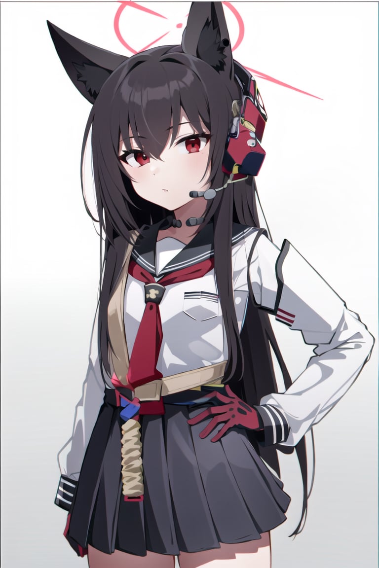 <lora:Shichido Yukino:1>, shichido yukino, 1girl, solo, long hair, looking at viewer, black hair, red eyes, long sleeves, white background, animal ears, hair between eyes, pleated skirt, necktie, serafuku, black thighhighs, headphones, halo, two-tone gloves 