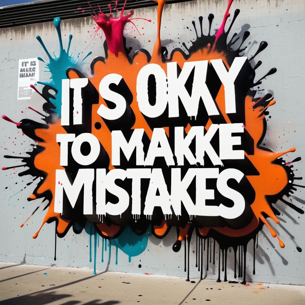 typographic text that says "It is okay to make mistakes",  takes center stage using rebellious graffiti and splashes of exploding paint,  Typographic art.
