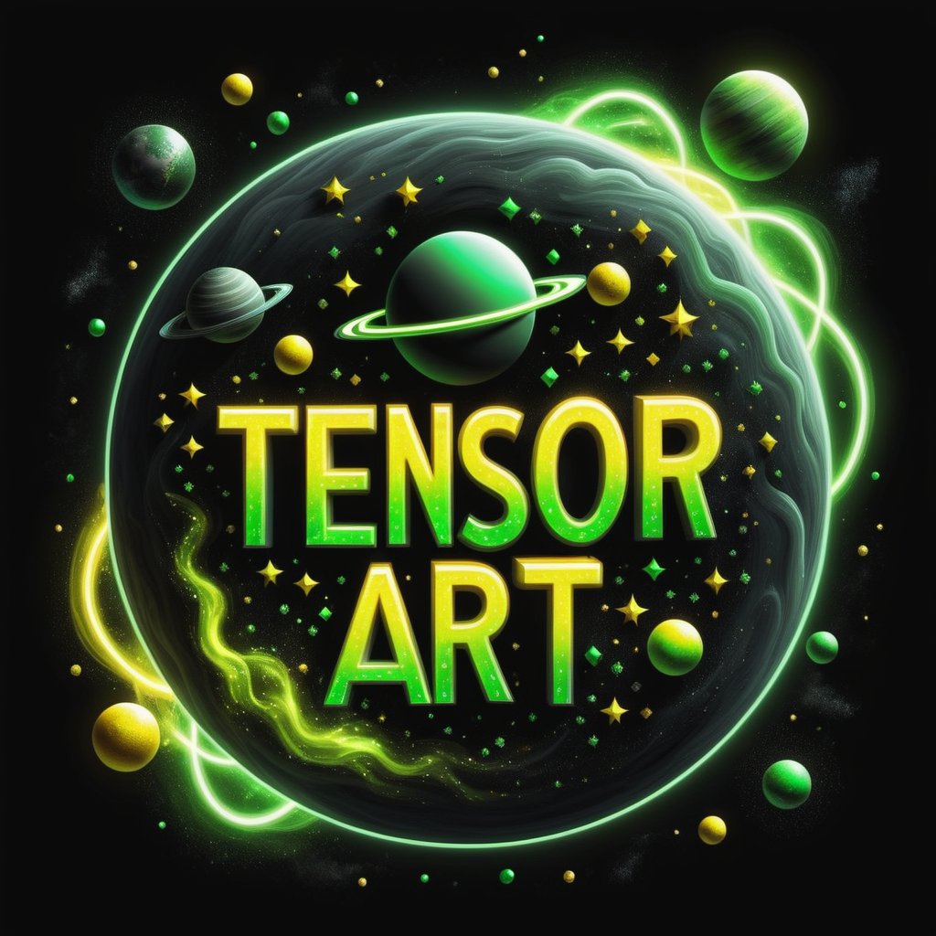 Text that reads "TENSOR ART" in yellow, black,metallic,white, green, neon, sparkles,smoke,planet
