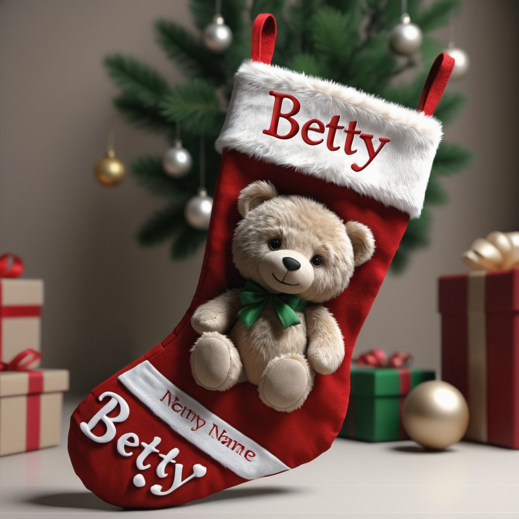 A ROSE CHRISTMAS stocking with a cute little BOY teddy bear with the written text name 3d "Betty" in hd,  and ultra realistic,  3d render,  typography,  photo,
