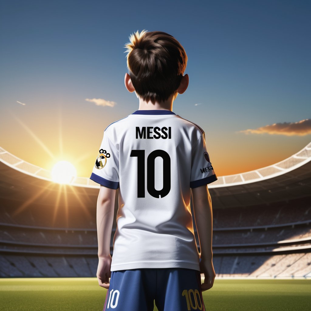 10, Pmovie poster A boy was wearing Real Madrid football team T .shirt with name " MESSI” bellow text"10"and see sunset match image taken from back side angle, 3d render, anime, photo, illustration, conceptual art, poster