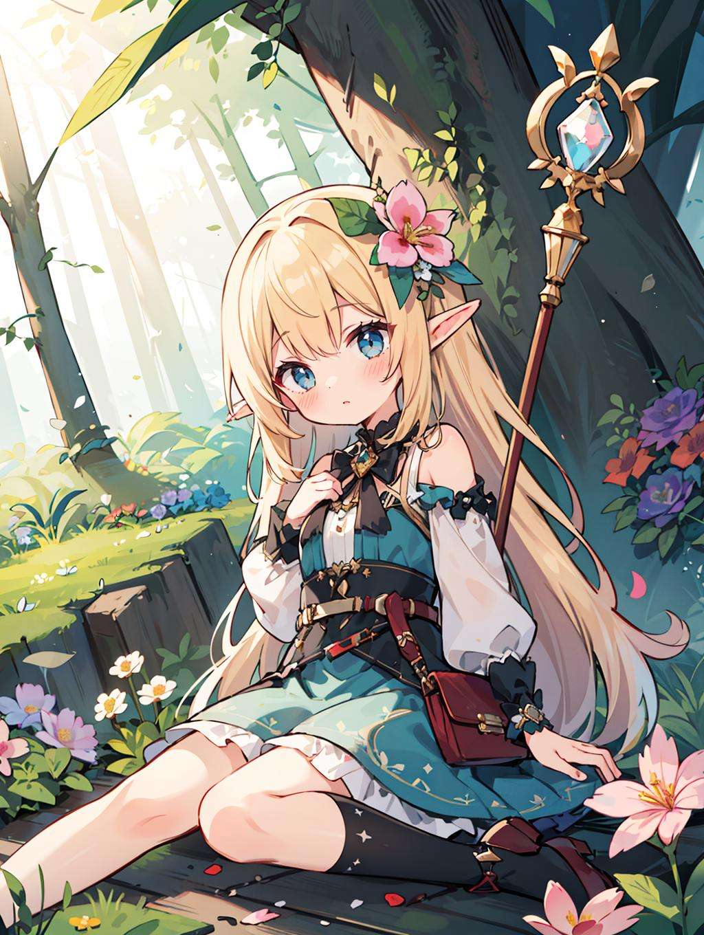 best quality, (kawaii:1.1), (cute), (high resolution:1.2), incredibly absurdres:1.3, incredibly fine illustrationBREAK1girl, solo, forest elf, blond knitted hair, healer, wooden staff, dynamic angle, (shy:1.4), (blush:1.2)BREAK(flower:1.5), fantasy land, fairy light<lora:Silicon-landscape-isolation:1>