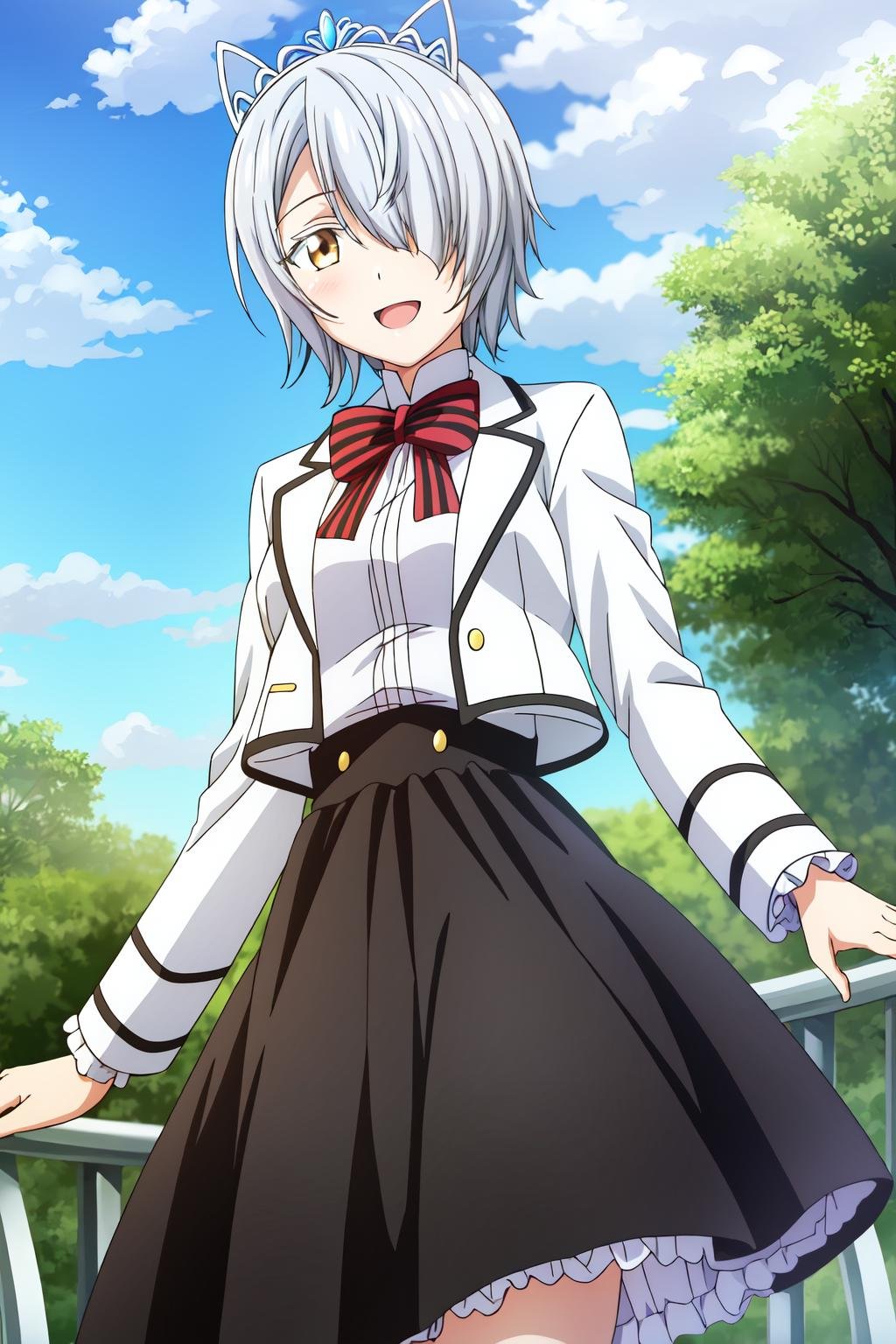 1girl, solo, looking at viewer, smile, short hair, skirt, shirt, long sleeves, bow, jacket, golden-brown eyes, white shirt, :d, outdoors, frills, sky, day, striped, cloud, bowtie, black skirt, hair over one eye, red bow, blue sky, tiara, red bowtie, chartreux_westia