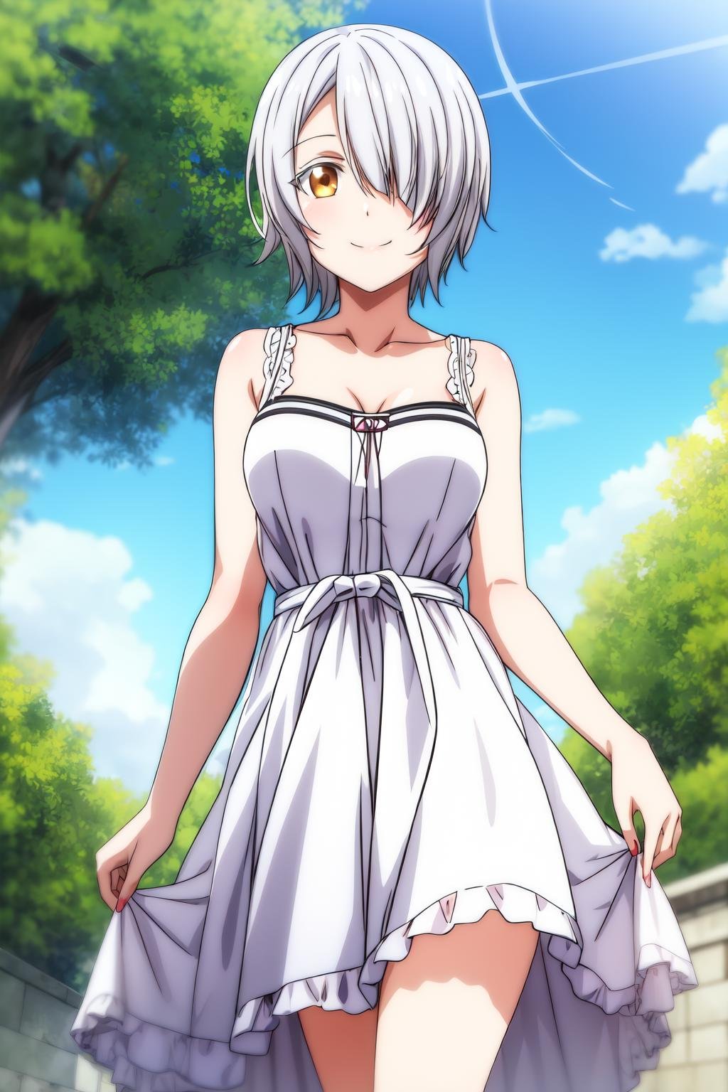 1girl, solo, looking at viewer, smile, short hair, white hair, golden-brown eyes, outdoors, sky, day, cloud, hair over one eye, blue sky, dress, casual dress, chartreux_westia