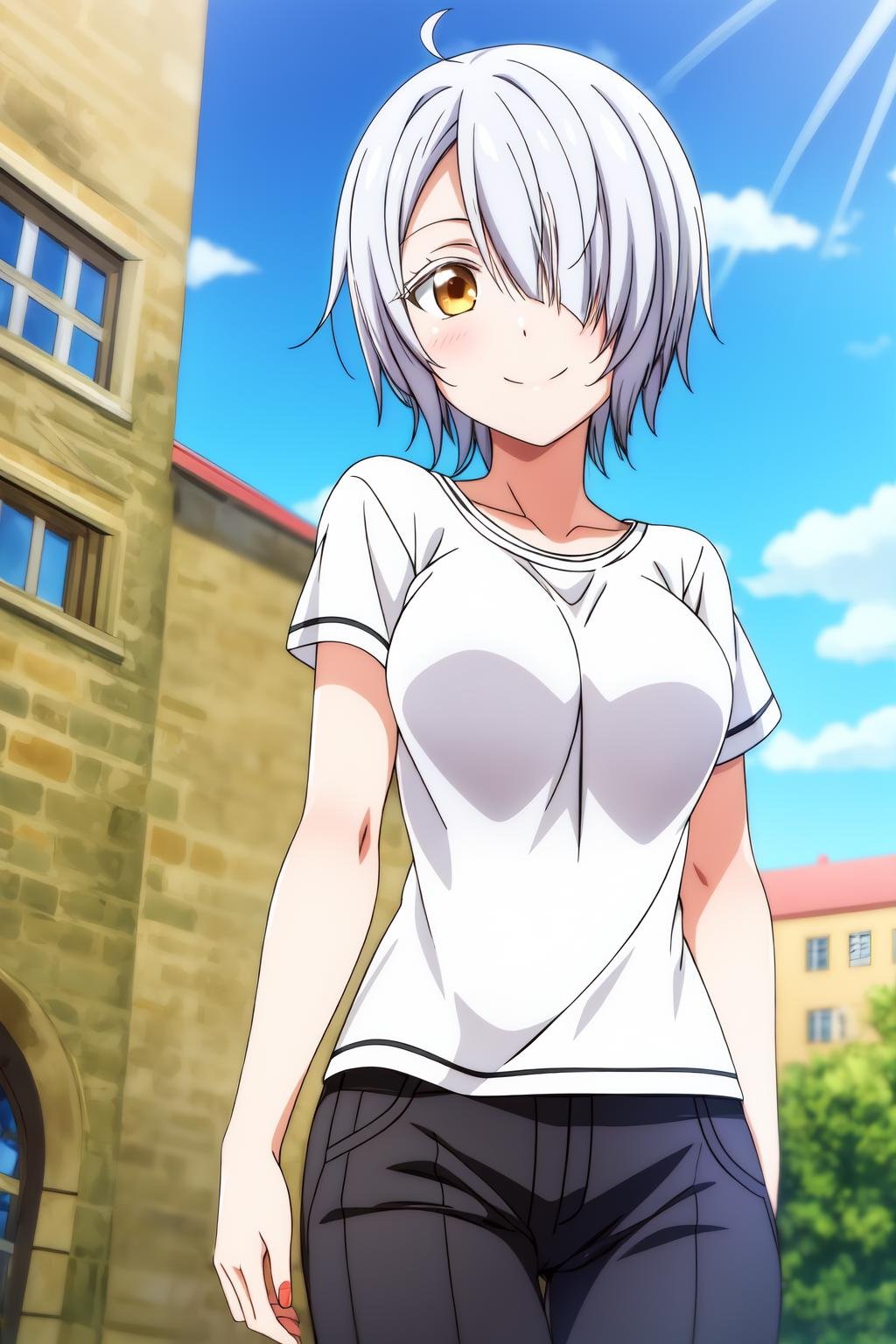 1girl, solo, looking at viewer, smile, short hair, white hair, golden-brown eyes, outdoors, sky, day, cloud, hair over one eye, blue sky, t-shirt, long pants, chartreux_westia