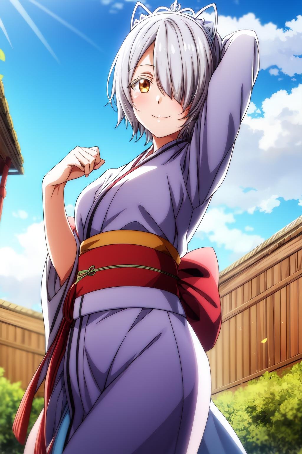 1girl, solo, looking at viewer, smile, short hair, white hair, golden-brown eyes, outdoors, sky, day, cloud, hair over one eye, blue sky, hairband, hair ornament, kimono , japanese clothes, pose, chartreux_westia