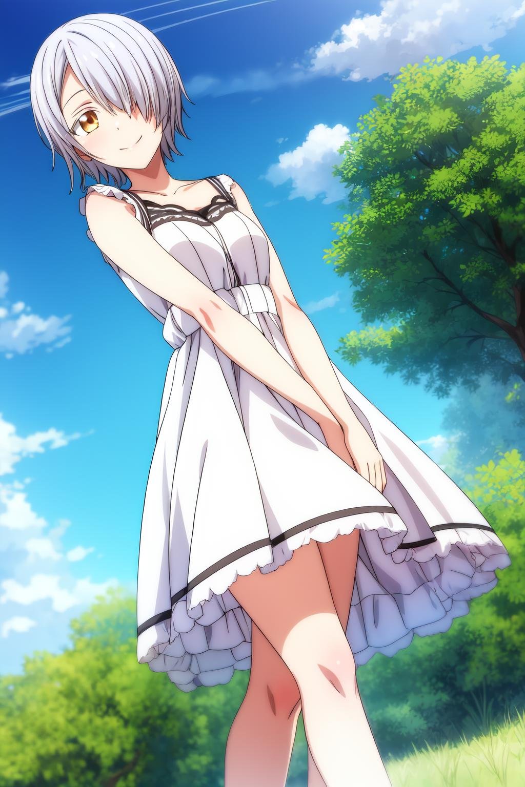 1girl, solo, looking at viewer, smile, short hair, white hair, golden-brown eyes, outdoors, sky, day, cloud, hair over one eye, blue sky, dress, casual dress, chartreux_westia