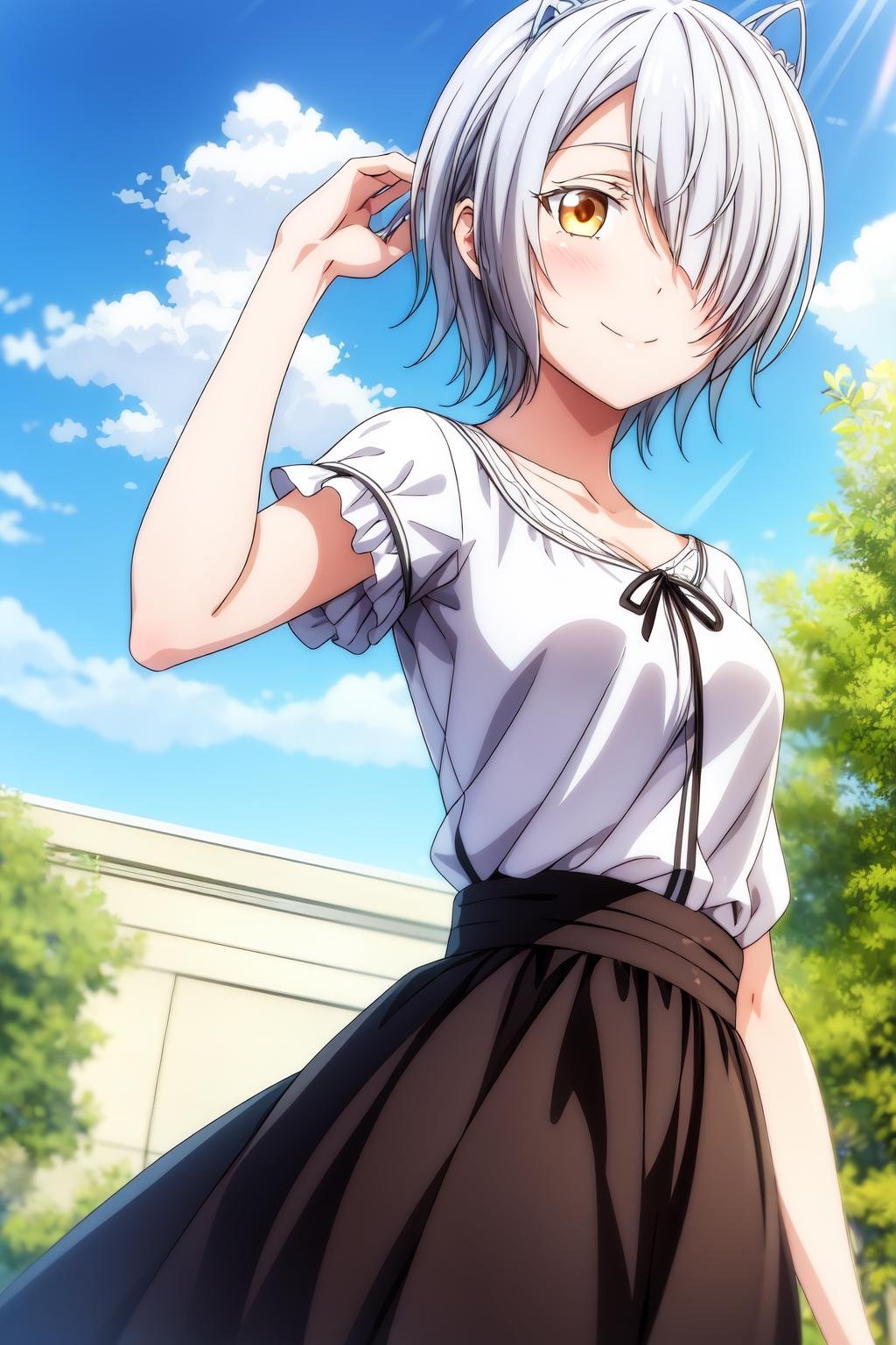 1girl, solo, looking at viewer, smile, short hair, white hair, golden-brown eyes, outdoors, sky, day, cloud, hair over one eye, blue sky, dress, casual dress, chartreux_westia