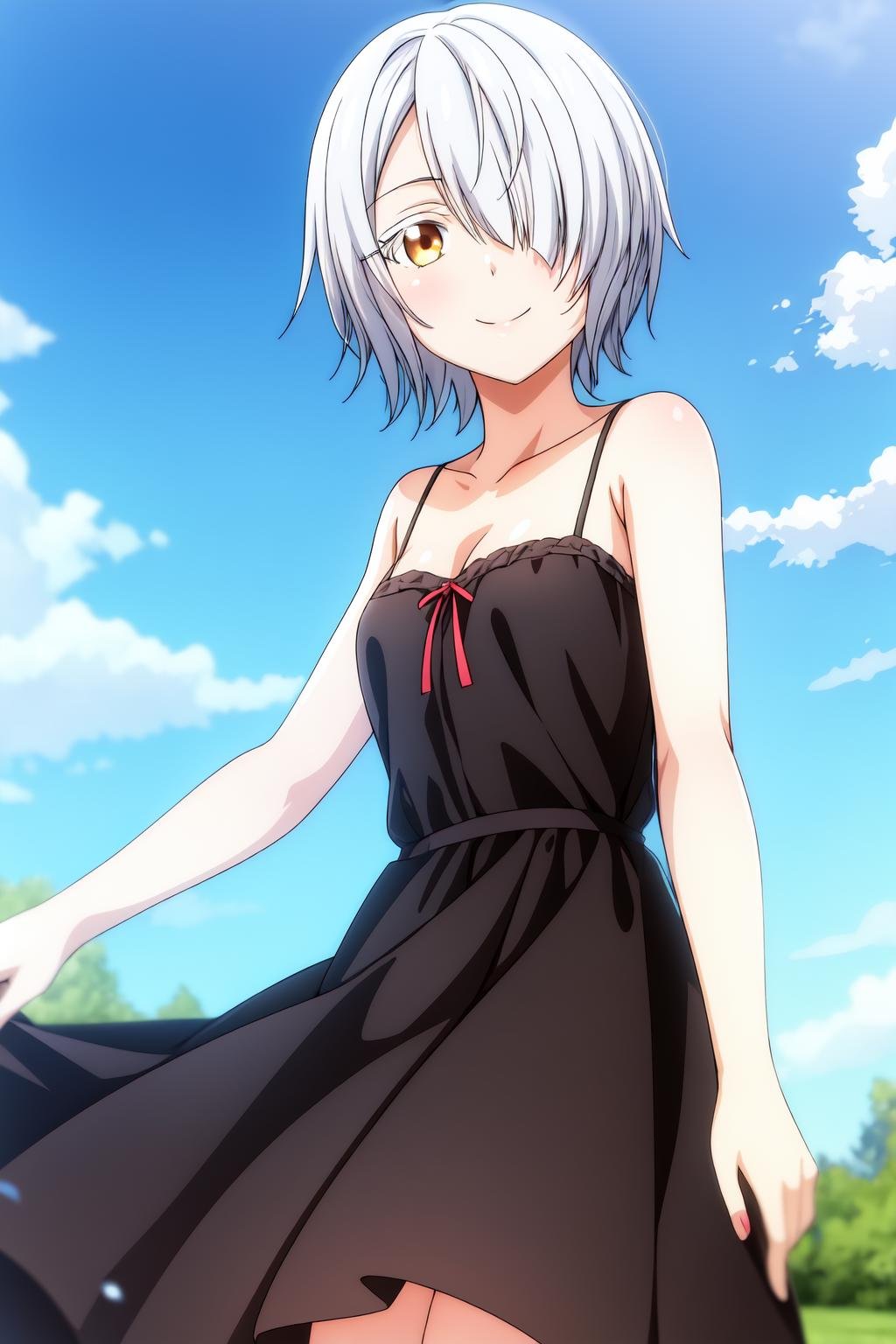 1girl, solo, looking at viewer, smile, short hair, white hair, golden-brown eyes, outdoors, sky, day, cloud, hair over one eye, blue sky, dress, casual dress, chartreux_westia