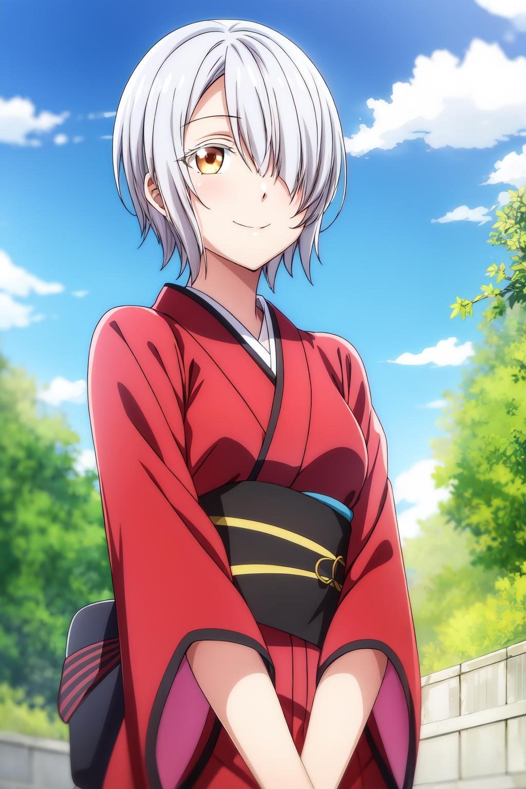 1girl, solo, looking at viewer, smile, short hair, white hair, golden-brown eyes, outdoors, sky, day, cloud, hair over one eye, blue sky, kimono , japanese clothes, chartreux_westia