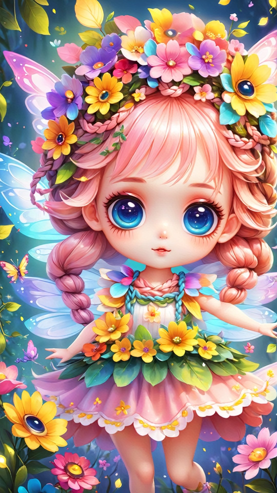 (Fantasy Q version style: 1.5) Cute (bright colors) The flower fairy’s big eyes are shining with the bright light of Q version, and her face is painted with two cute little blushes. The garland and braids on her head are decorated with Q-version flowers. They sway gently with her movements, as if they are dancing a cheerful little dance.