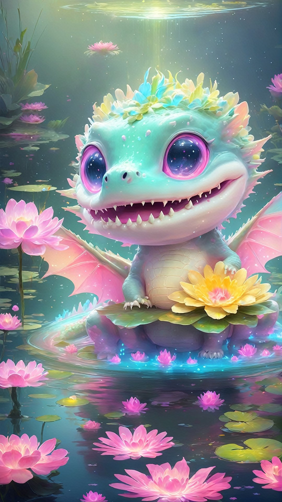 (Fantasy Q version style: 1.5) Huge cute little beast (bright color) Fairy Pond, huge round body, furry oversized eyes, tart-shaped alien crocodile beast, playing by the clear pond, delicate petals floating on the water