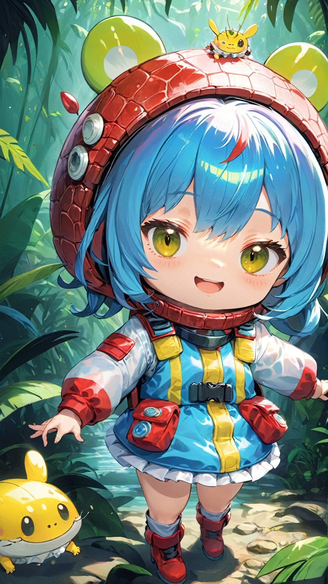 (Q version style: 1.5) Cute (hyper-realistic brushstrokes) CG style (bright colors) The adventure suit on the little adventurer is also full of Q version elements. There is a small cartoon badge on the pocket and a hat on his head. To cute ears. The handle of the insect catching net is designed in a Q-style style, making it even more compact and cute. The happy expression on her face is also full of Q version characteristics. Throughout the scene, Q-version elements make each girl’s image more vivid and lovely, complementing the alien crocodile beast and bizarre scenes.,迪士尼