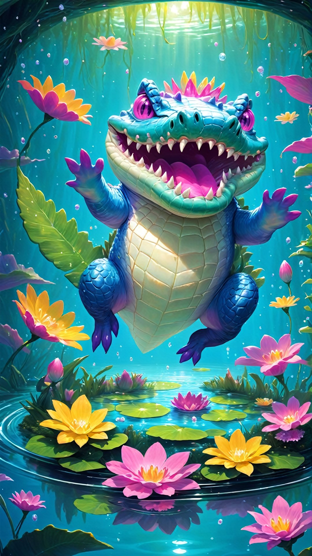 (Fantasy Q version style: 1.5) Huge, cute (bright colors) Fairy Pond, in a strange fairyland, a huge round body, furry oversized eyes, like a tart-shaped alien crocodile beast happily Play around the clear pond. Its body is as soft as down, and every splash of water is as smooth as velvet. Delicate petals floated in the pond, leaping on the water as if in a dance dedicated to the game of this strange creature. In this surreal scene, the alien crocodile beast and flower petals together form a beautiful water scene that is intoxicating.