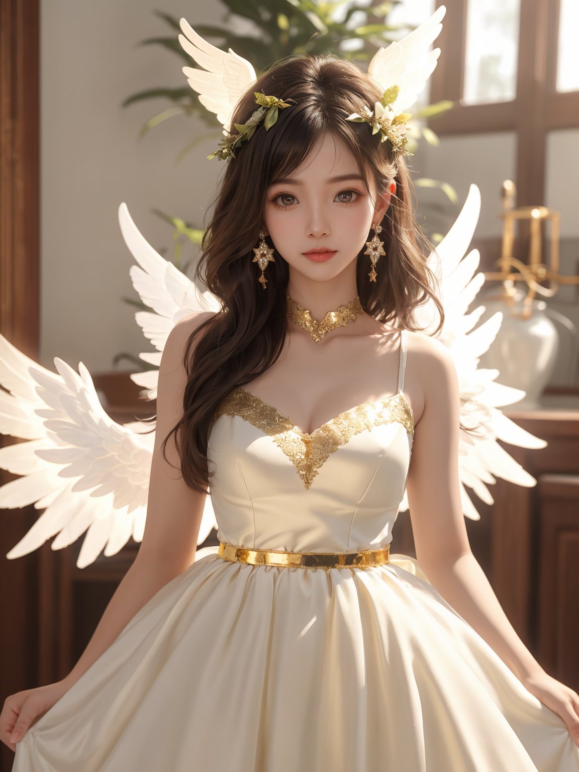  a cute catgirl has a pair of gold eyes,she hair is white,this loli wear a transparent white dresses,Yellow angel halo,angela wings,loli,solo,1girl, beautiful eyes, tutututu, 21yo girl, 1girl, jujingyi,,