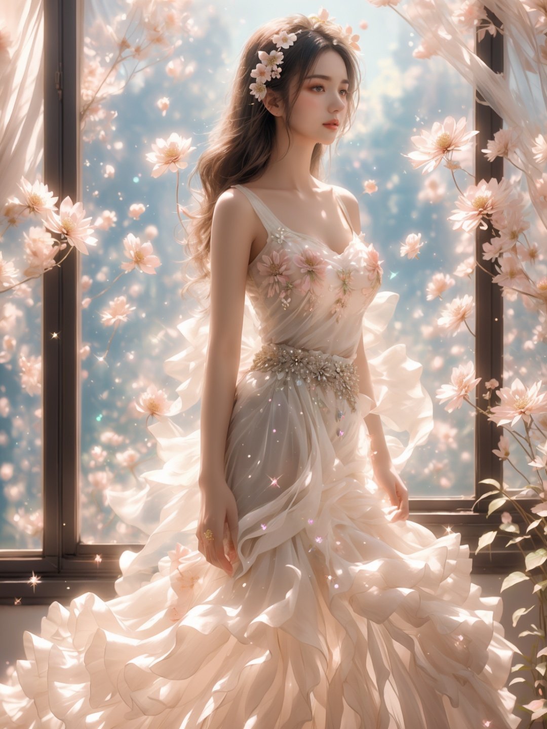  1girl, Floral motifs, luminous skin, enchanting gaze, embellished attire, natural lighting, shallow depth of field, romantic setting, dreamy pastel palette, whimsical details, captured on film, flowing skirts,（smoke）,Giant flowers,,windowsill,hand101, Huge flowers,glint sparkle