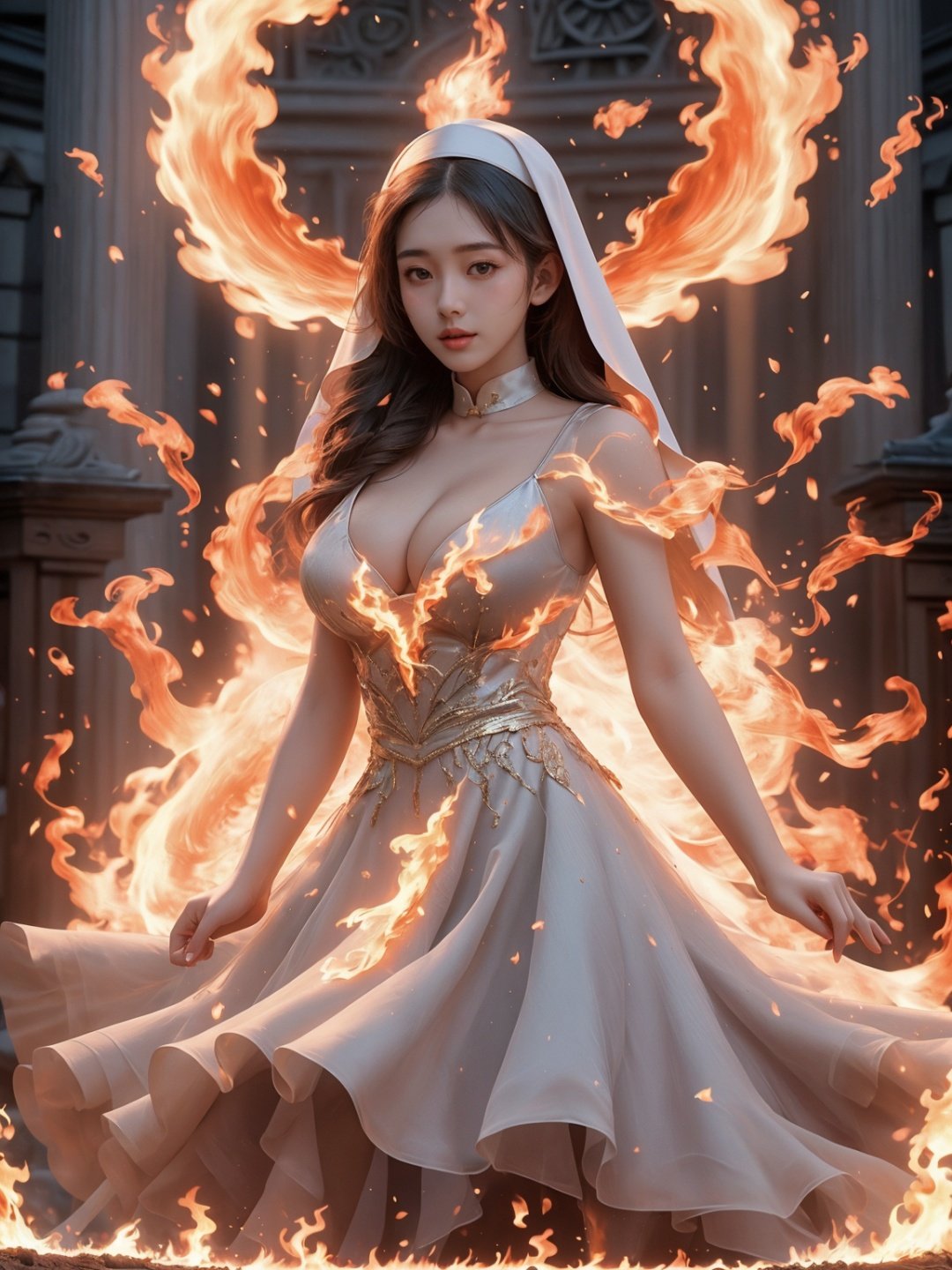 masterpiece, 1 girl, A sexy girl, Lovely, Long hair, Sister., Mini-short nun dress, Outdoor, Cleavage, Light and shadow, Asian girl, Glossy skin, Uncensored, Stand, Use dark magic., Fire magic, A burning church, A large number of fire elements, Particle special effect, Take the staff., textured skin, super detail, best quality