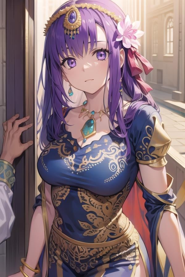 parvati, <lyco:parvati-lyco-nochekaiser:1>,parvati, long hair, (purple eyes:1.1), purple hair,BREAK bracelet, flower, hair flower, hair ornament, indian clothes, jewelry, necklace, side slit,BREAK looking at viewer,BREAK outdoors,BREAK <lyco:GoodHands-beta2:1>, (masterpiece:1.2), best quality, high resolution, unity 8k wallpaper, (illustration:0.8), (beautiful detailed eyes:1.6), extremely detailed face, perfect lighting, extremely detailed CG, (perfect hands, perfect anatomy),