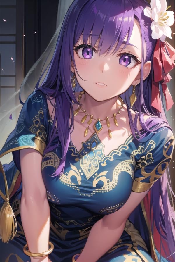 parvati, <lyco:parvati-lyco-nochekaiser:1>,parvati, long hair, (purple eyes:1.1), purple hair,BREAK bracelet, flower, hair flower, hair ornament, indian clothes, jewelry, necklace, side slit,BREAK looking at viewer,BREAK outdoors,BREAK <lyco:GoodHands-beta2:1>, (masterpiece:1.2), best quality, high resolution, unity 8k wallpaper, (illustration:0.8), (beautiful detailed eyes:1.6), extremely detailed face, perfect lighting, extremely detailed CG, (perfect hands, perfect anatomy),