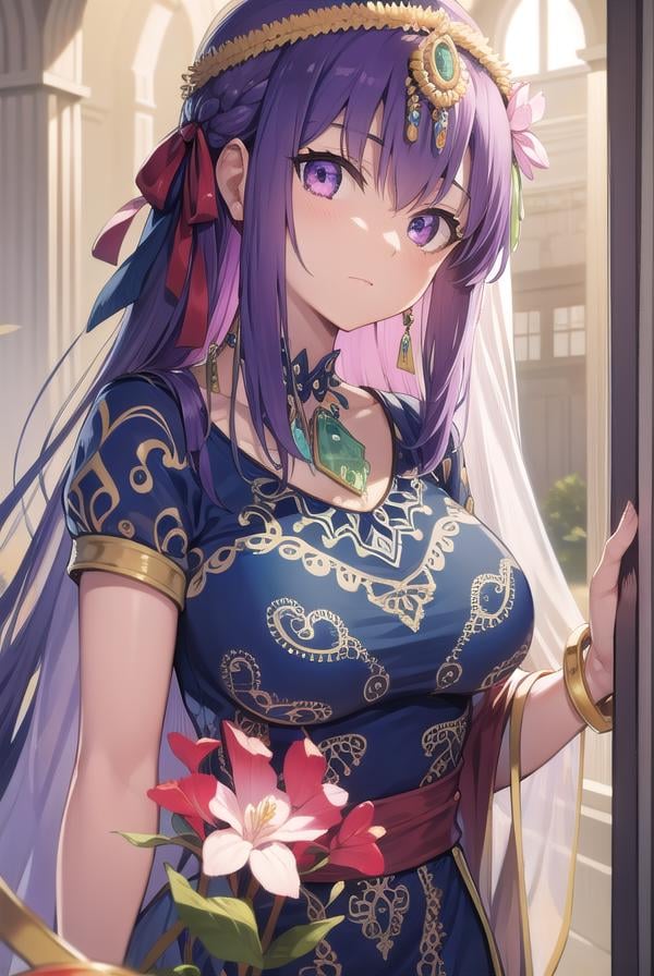 parvati, <lyco:parvati-lyco-nochekaiser:1>,parvati, long hair, (purple eyes:1.1), purple hair,BREAK bracelet, flower, hair flower, hair ornament, indian clothes, jewelry, necklace, side slit,BREAK looking at viewer,BREAK outdoors,BREAK <lyco:GoodHands-beta2:1>, (masterpiece:1.2), best quality, high resolution, unity 8k wallpaper, (illustration:0.8), (beautiful detailed eyes:1.6), extremely detailed face, perfect lighting, extremely detailed CG, (perfect hands, perfect anatomy),