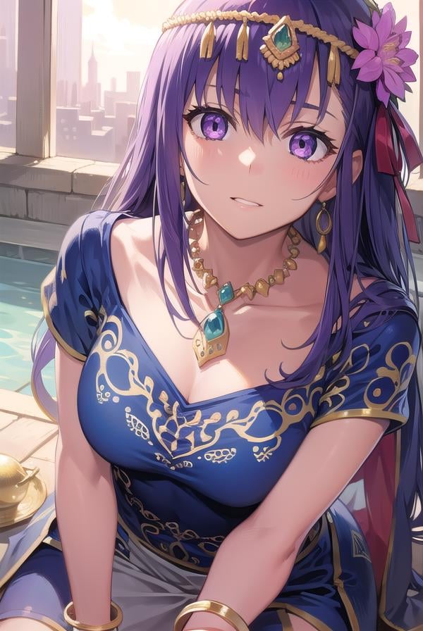 parvati, <lyco:parvati-lyco-nochekaiser:1>,parvati, long hair, (purple eyes:1.1), purple hair,BREAK bracelet, flower, hair flower, hair ornament, indian clothes, jewelry, necklace, side slit,BREAK looking at viewer,BREAK outdoors,BREAK <lyco:GoodHands-beta2:1>, (masterpiece:1.2), best quality, high resolution, unity 8k wallpaper, (illustration:0.8), (beautiful detailed eyes:1.6), extremely detailed face, perfect lighting, extremely detailed CG, (perfect hands, perfect anatomy),