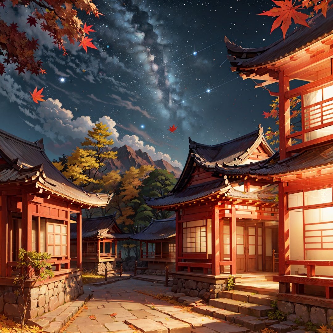 background, scenery, sky, no humans, star (sky), night, starry sky, outdoors, night sky, east asian architecture, autumn leaves, building, mountain, architecture, cloud, tree
