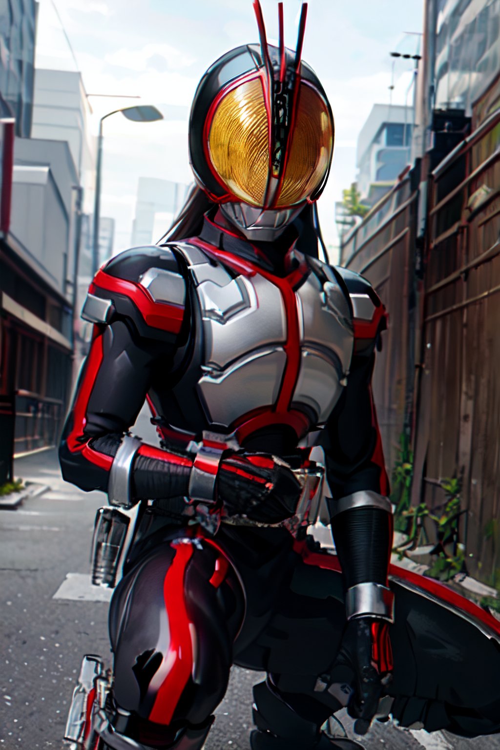 (extremely detailed CG), (best quality), perfect face, shiny skin, lustrous skin,wide hips, 1girl,solo 

, (headgear:1), very long hair 
(Faiz:1.1) Faiz,black footwear, boots,black bodysuit, (rider belt:1.3), gloves,(armor:1), bodysuit,city background ,squatting, looking at viewer, angry
