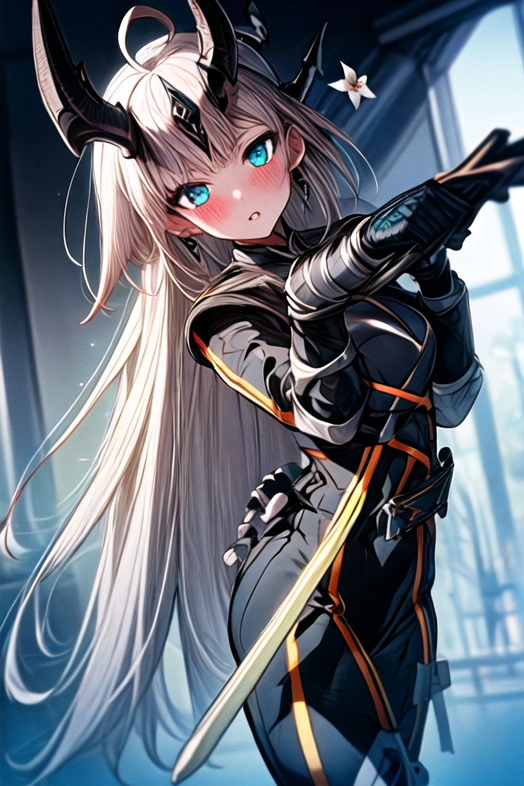 
(extremely detailed CG), (best quality), perfect face, shiny skin, lustrous skin,solo , (Kaixa:0.8),rider belt,gloves,  holding sword,holding weapon,sword,black bodysuit,bodysuit, armor,


(reed_arknights:1.15), horns, long_hair, dragon_horns, ahoge, bangs, blonde_hair, blue_eyes, tail,
, white_hair, green_eyes, 1girl, flower, looking_at_viewer, white_flower, parted_lips, medium_breasts, blush, hair_flower, hair_ornament, ,reed,Reed