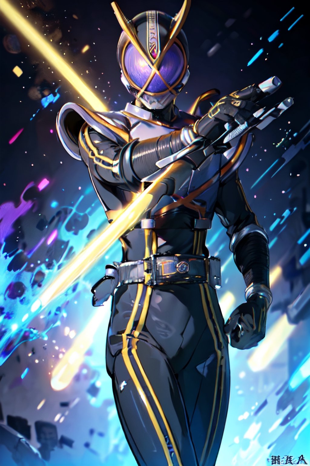 (extremely detailed CG), (best quality), perfect face, shiny skin, lustrous skin,solo , (Kaixa:0.8),rider belt,gloves,  holding sword,holding weapon,sword,black bodysuit,bodysuit, armor,