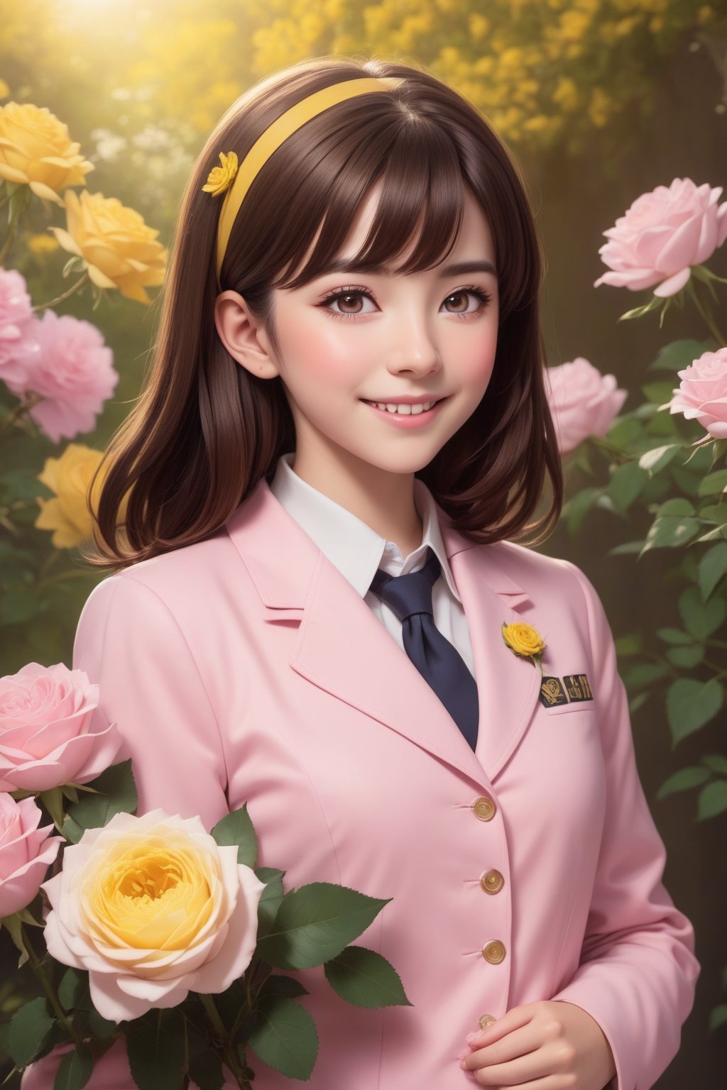 Retro Ghibli scene, Light dream, smile, healing, Painting, lovecraftian, Ameinu, brown hair, pink jackets, symbols, blossom, high resolution, school uniform blazer, pink Eyes, yellow flower, yellow roses, , rozen, shirt, White shirts, Halloween theme, style of Ghibli studio, masterpiece, best quality, HellAI, Enhanced All, 