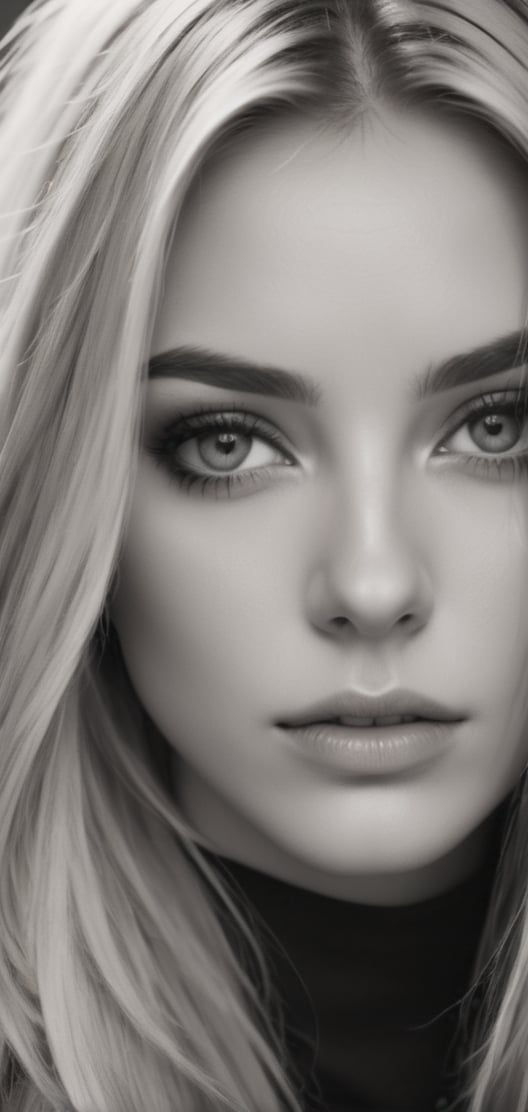 Create a monochrome portrait of beautiful blonde girl .close up hair covering eye, dark make up, nostalgic picture,Realism,pinhole photography,DonM4lbum1n,Pure Beauty
