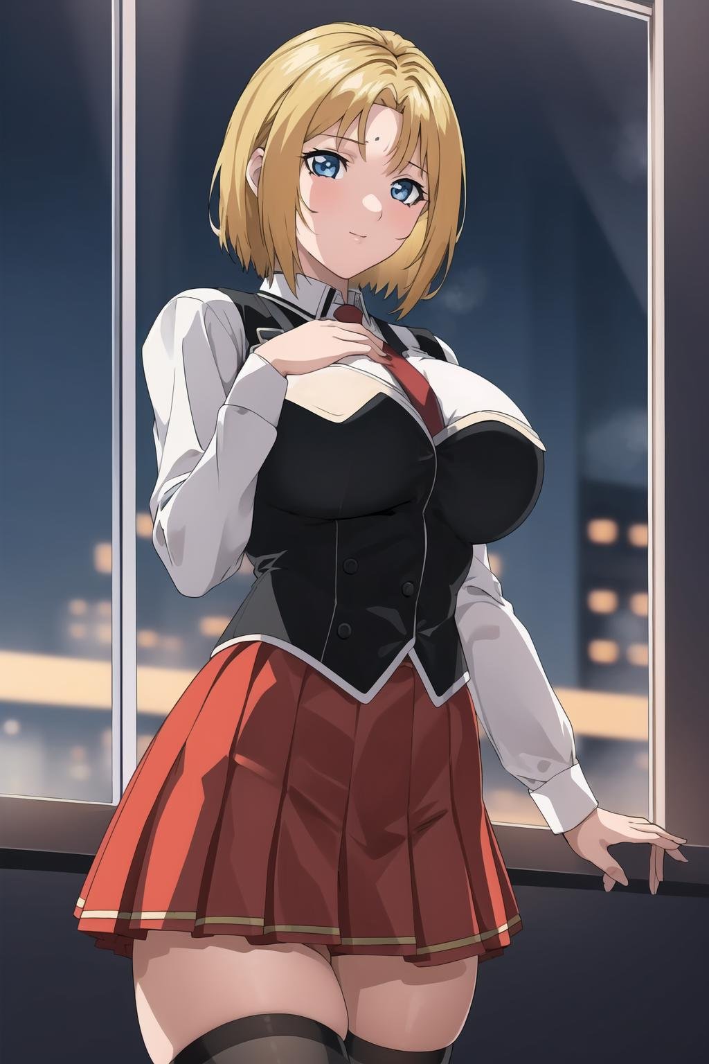 (Night:1.7), Japan, Tokyo, CityView, Before Window,Standing at attention,White_shirt,long sleeves,(Black_vest:1.3),Red pleated skirt, uniform,thighhighs,long sleeves,(belt:1.2),Red Tie,< <lora:Reika_Kitami_Bible_Black-KK77-V1:0.7>,blonde hair,Short_hair,parted Bangs,blue eyes,Forehead,1 girl, 20yo,mature female,Beautiful Finger,Beautiful long legs,Beautiful body,Beautiful Nose,Beautiful character design, perfect eyes, perfect face,looking at viewer,girl in the center of the image,NSFW,official art,extremely detailed CG unity 8k wallpaper, perfect lighting,Colorful, Bright_Front_face_Lighting,(masterpiece:1.0),(best_quality:1.0), ultra high res,4K,ultra-detailed,photography, 8K, HDR, highres, absurdres:1.2, Kodak portra 400, film grain, blurry background, bokeh:1.2, lens flare, (vibrant_color:1.2)(Beautiful,Large_Breasts:1.2), (beautiful_face:1.5),(narrow_waist),