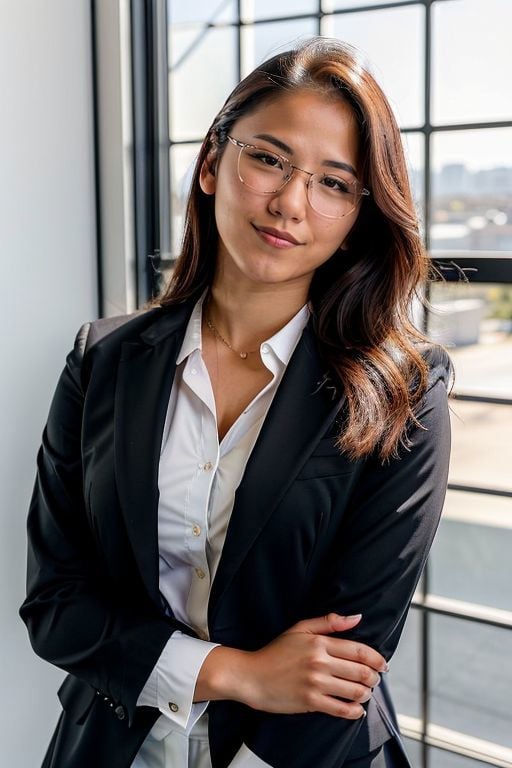 a photo of Denisa_Tran, wearing a business suit, glasses, office lady, office background, (high contrast:1.1), (intense:1.1), (detailed:1.1), highest quality, (analog:1.2), (high sharpness), real shadow, photographed by Canon EOS R6, 135mm, 1/1250s, f/2.8, ISO 400, <lora:Denisa_Tran_01:1>