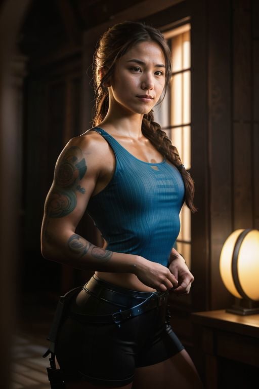 A stunning intricate full color portrait of  Denisa_Tran, as (lara croft). brown hair, brown eyes, single braid, blue tank top, brown shorts, fingerless gloves, holster, <lora:tombraider_classiclaracroft:0.9> epic character composition, by ilya kuvshinov, alessio albi, nina masic, sharp focus, natural lighting, subsurface scattering, f2, 35mm, film grain, <lora:Denisa_Tran_01:1>, 35mm photograph, film, bokeh, professional, 4k, highly detailed . shallow depth of field, vignette, highly detailed, high budget Hollywood movie, bokeh, cinemascope, moody, epic, gorgeous, film grain, grainy