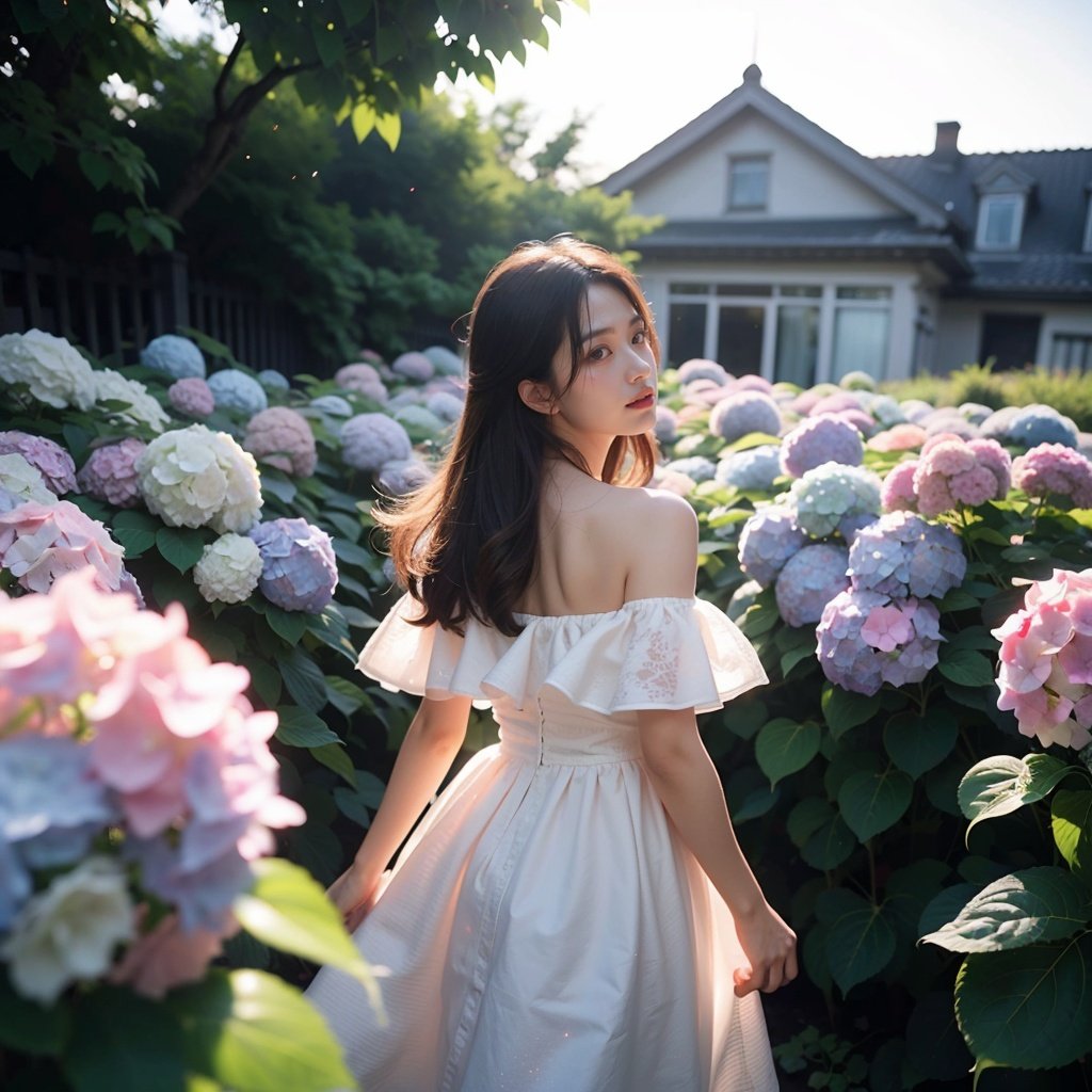 1girl,off shoulder dress,outdoors,mottled sunlight,<lora:踏山听海【绣球花 hydrangea flower】:0.8>,hydrangea flowers field,photoparticle,refracted light,light particles,sparkle,backlighting,