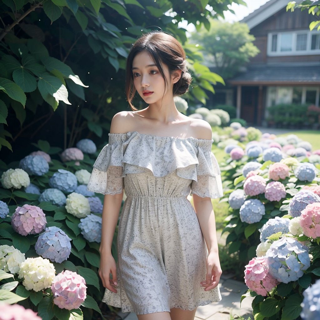 1girl,off shoulder dress,outdoors,mottled sunlight,<lora:踏山听海【绣球花 hydrangea flower】:0.8>,hydrangea flowers field,