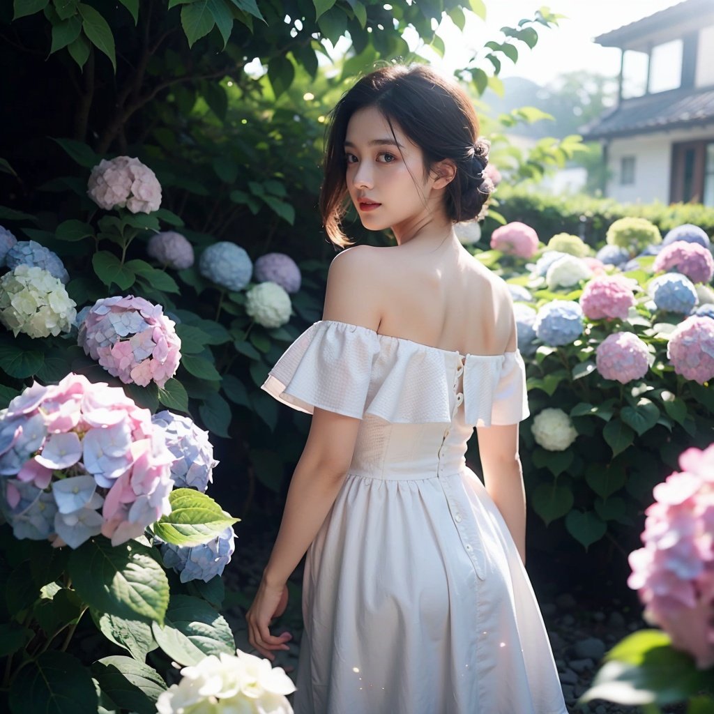 1girl,off shoulder dress,outdoors,mottled sunlight,<lora:踏山听海【绣球花 hydrangea flower】:0.8>,hydrangea flowers field,photoparticle,refracted light,light particles,sparkle,backlighting,