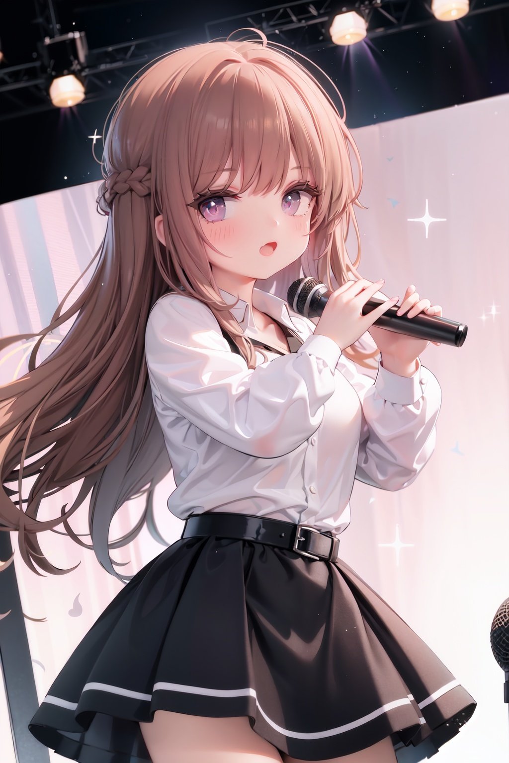  1girl, solo, microphone, smile, skirt, blush, brown eyes, long hair, open mouth, looking at viewer, brown hair, long sleeves, :d, shirt, bangs, belt, breasts, pink shirt, outstretched arm, music, black belt, medium breasts, holding microphone, singing