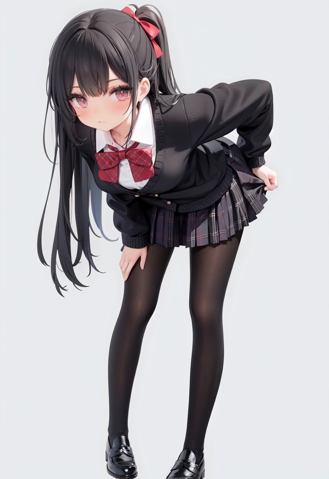  1girl, solo, pantyhose, skirt, long hair, loafers, shoes, simple background, school uniform, brown eyes, plaid, black pantyhose, plaid skirt, looking at viewer, black hair, pantyhose pull, full body, clothes pull, black footwear, pleated skirt, leaning forward, bangs, long sleeves, bent over, cardigan, bow, bowtie, standing, closed mouth, pulled by self, grey background, blush, miniskirt, red bow, sweater, undressing