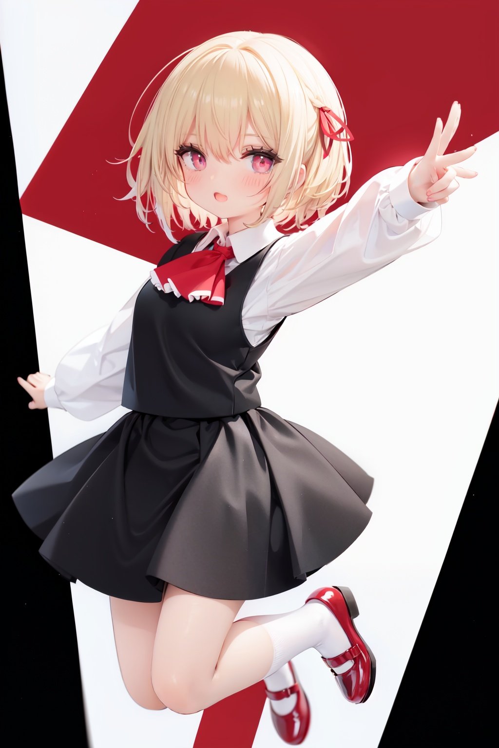  1girl, rumia, blonde hair, solo, white background, red eyes, red footwear, simple background, ascot, short hair, ribbon, open mouth, hair ribbon, smile, long sleeves, shirt, looking at viewer, red ascot, white socks, white shirt, red ribbon, shoes, socks, frills, bangs, outstretched arms, hair between eyes, skirt, :d, dress, vest, mary janes, black dress, black skirt, collared shirt, black vest, blush