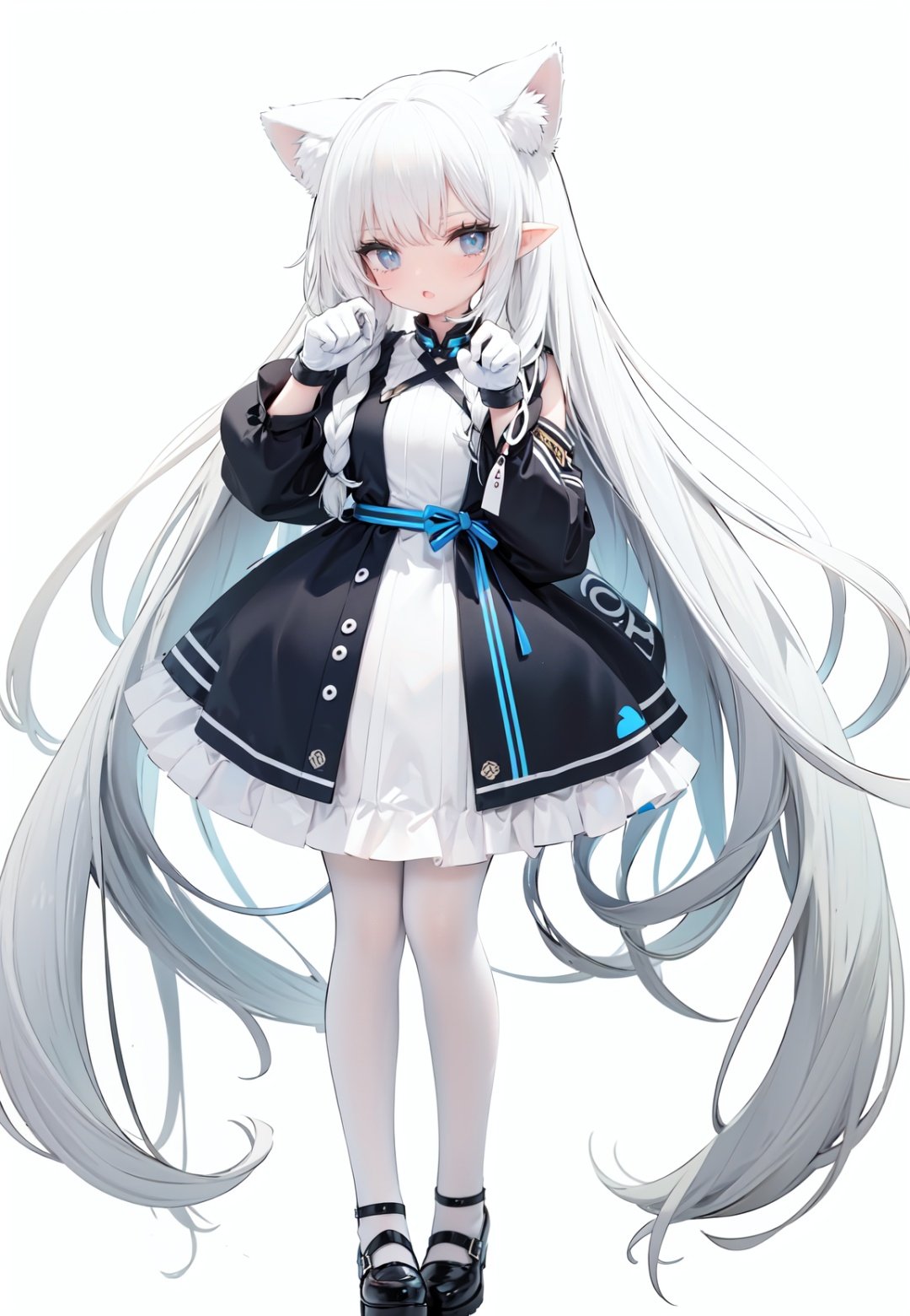  1girl, white_gloves, braid, full_body, gloves, long_hair, official_alternate_costume, pointy_ears, simple_background, solo, standing, very_long_hair, white_background, white hair, blue eyes, paw claw pose, open_mouth